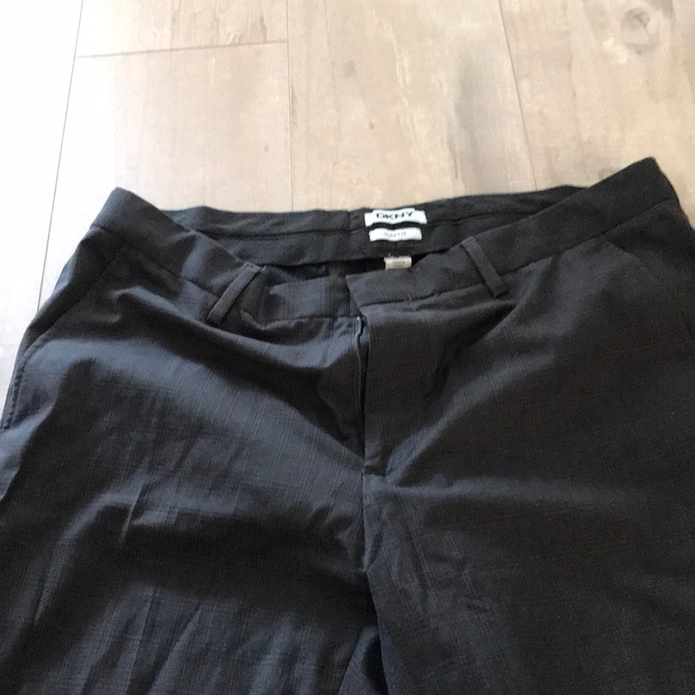 DKNY dark grey dress pants with faint blue pinstripes